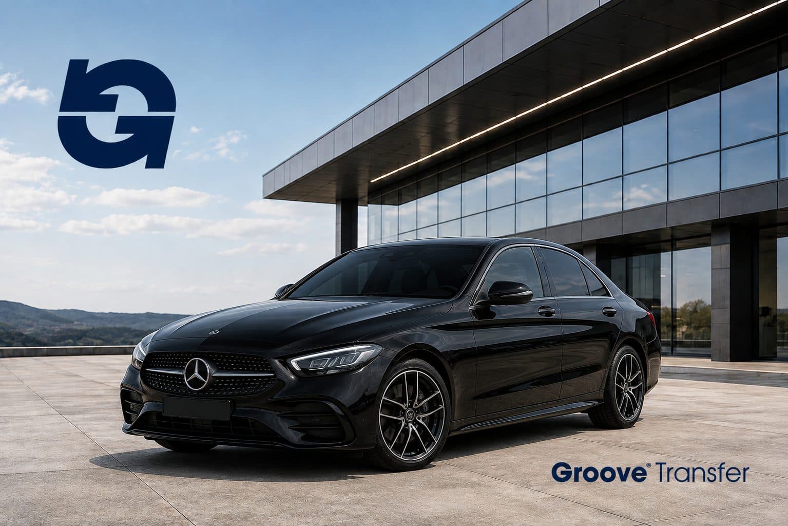 Mercedes-Benz Classe C preta, sedan executivo premium da frota Groove Transfer